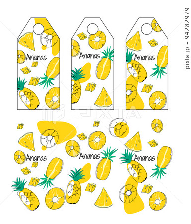 Pattern for creating ananas flavor tags. An example of finished tags and a pattern. Cartoon doodle style, vector illustration. 94282979