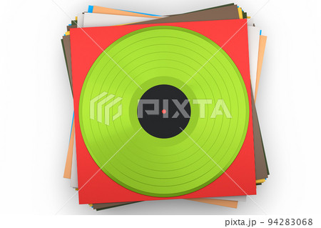 Black vinyl LP record with heap of covers isolated on white background. 94283068