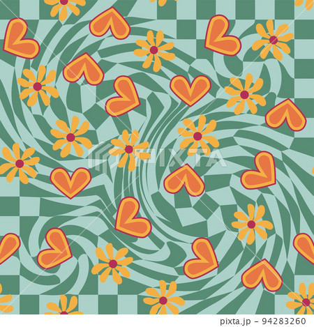 Love heart, daisies, waves of positivity retro 70s seamless pattern. Yellow, orange, red scattered heart shapes on a swirling background Love heart, daisies, waves of positivity retro 70s seamless pattern. Yellow, orange, red scattered heart shapes on a swirling background 94283260