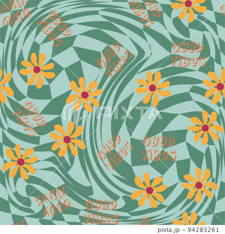 Love heart, daisies, waves of positivity retro 70s seamless pattern. Yellow, orange, red scattered heart shapes on a swirling background Love heart, daisies, waves of positivity retro 70s seamless pattern. Yellow, orange, red scattered heart shapes on a swirling background 94283261