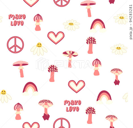 Magic psychedelic drug mushrooms, Chamomile, rainbow seamless pattern. Psychedelic hallucination. 60-70s hippie Magic psychedelic drug mushrooms, Chamomile, rainbow seamless pattern. Psychedelic hallucination. 60-70s hippie 94283281
