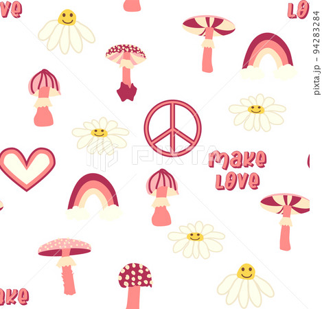 Magic psychedelic drug mushrooms, Chamomile, rainbow seamless pattern. Psychedelic hallucination. 60-70s hippie Magic psychedelic drug mushrooms, Chamomile, rainbow seamless pattern. Psychedelic hallucination. 60-70s hippie 94283284