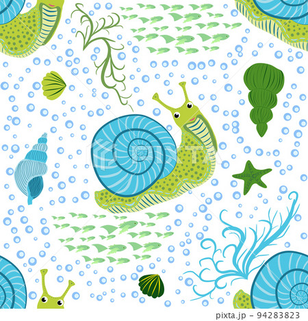 Snail, sea inhabitants seamless pattern, beautiful character among seashells, seaweed, starfish, sea animals of wildlife 94283823