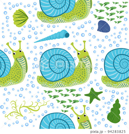 Snail, sea inhabitants seamless pattern, beautiful character among seashells, seaweed, starfish, sea animals of wildlife Snail, sea inhabitants seamless pattern, beautiful character among seashells, seaweed, starfish, sea animals of wildlife 94283825