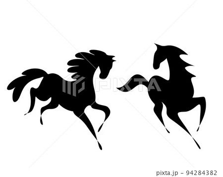 Silhouette of galloping horses. Black icon on white Silhouette of galloping horses. Black icon on white 94284382