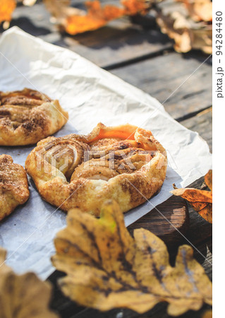 rustic traditional french biscuit cake with apples in autumn style 94284480