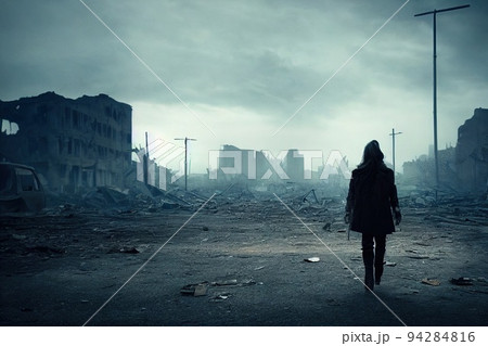 A stalker survivor in protective clothing and an old gas mask against the apocalyptic backdrop of a destroyed city. Survivor of nuclear war. 3d rendering 94284816