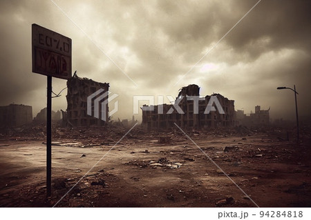 A post-apocalyptic ruined city. Destroyed buildings, burnt-out vehicles and ruined roads. 3D rendering 94284818