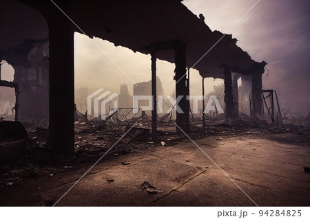 A post-apocalyptic ruined city. Destroyed buildings, burnt-out vehicles and ruined roads. 3D rendering A post-apocalyptic ruined city. Destroyed buildings, burnt-out vehicles and ruined roads. 3D rendering 94284825