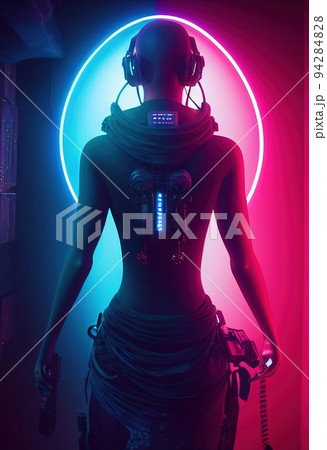 Realistic portrait of a sci-fi cyberpunk girl. High-tech futuristic man from the future. The concept of virtual reality and cyberpunk. 3D render. 94284828