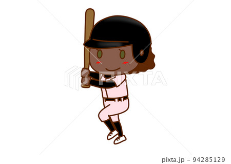 （全身斜め）バットを持って構え野球を楽しんでいるアフリカ系女性 94285129