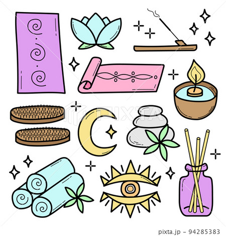 Vector set of spa and yoga icons. Sketch or doodle style on white. Vector set of spa and yoga icons. Sketch or doodle style on white. 94285383