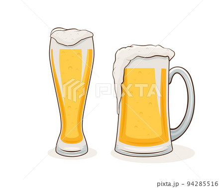 Vector Hand Drawn Beer Glass, Mug Set. Yellow Beer Drinks with a Lot of Foam 94285516