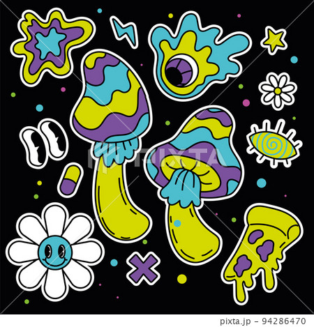 Colored group of groovy emotes and icons Abstract mushroom Vector 94286470