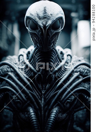 Creepy alien invader against a background of blurry city lights. The concept of an alien from an alien planet. 3D render Creepy alien invader against a background of blurry city lights. The concept of an alien from an alien planet. 3D render 94288100