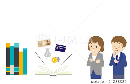 金融リテラシーのコンセプトイラスト・お金の知識を学ぶ男女(白背景・ベクター・切り抜き) 金融リテラシーのコンセプトイラスト・お金の知識を学ぶ男女(白背景・ベクター・切り抜き) 94288322