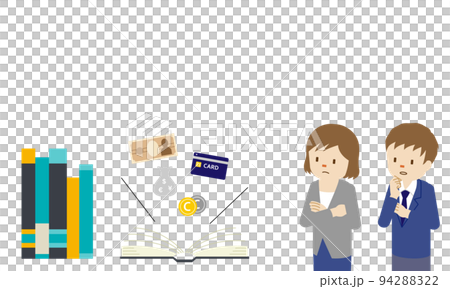 金融リテラシーのコンセプトイラスト・お金の知識を学ぶ男女(白背景・ベクター・切り抜き) 金融リテラシーのコンセプトイラスト・お金の知識を学ぶ男女(白背景・ベクター・切り抜き) 94288322
