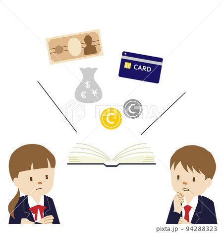 金融リテラシーのコンセプトイラスト・お金の知識を学ぶ男女（白背景・ベクター・切り抜き） 94288323