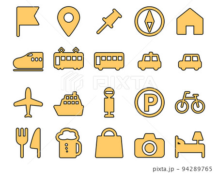 旅行交通ガイドマップ関連アイコンのセット_黄色ベタとアウトライン 94289765