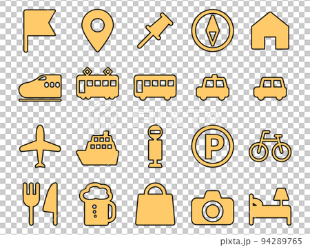 旅行交通ガイドマップ関連アイコンのセット_黄色ベタとアウトライン 94289765