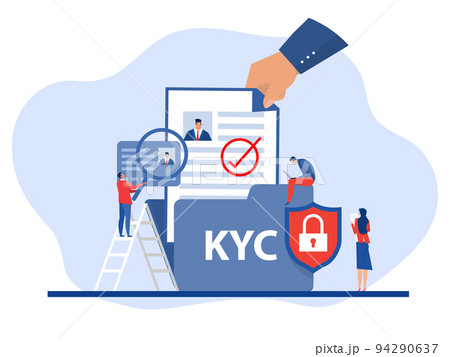 KYC or know your customer with business verifying the identity of its clients concept at the partners-to-be through a magnifying glass Idea of business identification and finance safety. 94290637