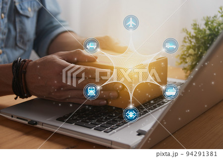 Casual Businessman Hand Catch Parcel or Box and 6 Angle Blue Spirograph Logistics Sign Casual Businessman Hand Catch Parcel or Box and 6 Angle Blue Spirograph Logistics Sign 94291381