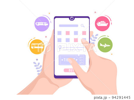 Ticket Travel Online Booking Service App on Smartphone Template Hand Drawn Cartoon Flat Illustration for Trip Planning 94291445