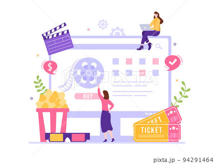 Cinema Ticket Movie for Film Entertainment, Popcorn and Strip Cinematography Template Hand Drawn Cartoon Flat Illustration 94291464