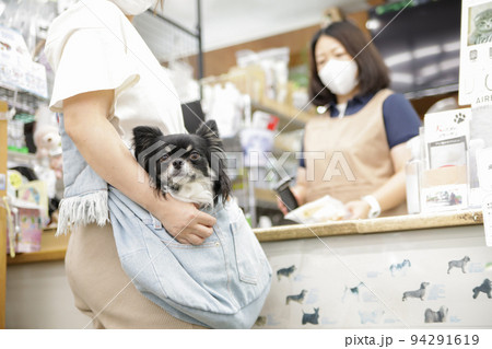 飼い主のスリングに入ったブラックタンのロングコートチワワと飼い主とレジの店員 94291619