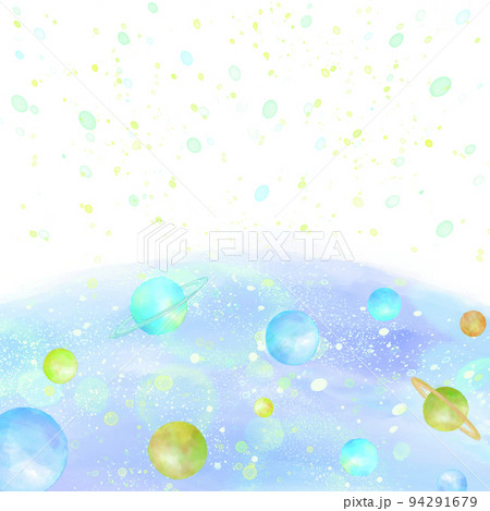惑星が浮かぶ宇宙の背景フレーム。水彩タッチ。 94291679