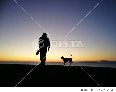 日暮れに海沿いを犬と散歩する人 日暮れに海沿いを犬と散歩する人 94291718