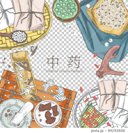 擺在桌子上的中草藥手寫插圖 vv 94293698