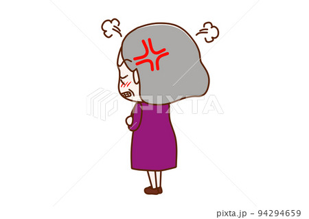 (全身斜め後ろ)後ろを向いて腕を組み、プンプン怒っている高齢の女性 (全身斜め後ろ)後ろを向いて腕を組み、プンプン怒っている高齢の女性 94294659