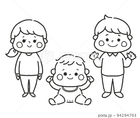 笑顔の赤ちゃんと家族の全身イラスト素材　線画 94294703