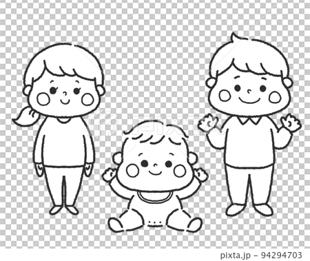 Full-body illustration material line drawing of a smiling baby and family 94294703