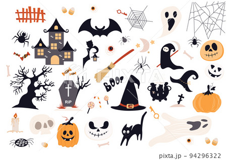 Halloween cute set in flat cartoon design. Bundle of old castle, bat, web, ghost, candy, tree, gravestone, broom, witch cap, key, pumpkin, black cat and other. Vector illustration isolated elements Halloween cute set in flat cartoon design. Bundle of old castle, bat, web, ghost, candy, tree, gravestone, broom, witch cap, key, pumpkin, black cat and other. Vector illustration isolated elements 94296322