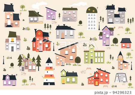 Different houses cute set in flat cartoon design. Bundle of apartment buildings, office towers, private homes of different structures and colors for cityscape. Vector illustration isolated elements Different houses cute set in flat cartoon design. Bundle of apartment buildings, office towers, private homes of different structures and colors for cityscape. Vector illustration isolated elements 94296323