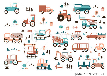Transport and construction machinery cute set in flat cartoon design. Bundle of tractor, truck, dump, crane, excavator, concrete mixer, forklift, car and other. Vector illustration isolated elements 94296324