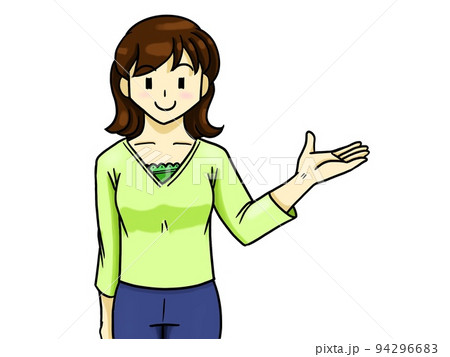 こちらへどうぞ:左手で案内をする女性カラーイラストのイラスト素材