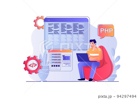Programmer working concept with people scene. Man programming at computer, creates software, coding at laptop, testing and fixing bugs. Vector illustration with characters in flat design for web Programmer working concept with people scene. Man programming at computer, creates software, coding at laptop, testing and fixing bugs. Vector illustration with characters in flat design for web 94297494