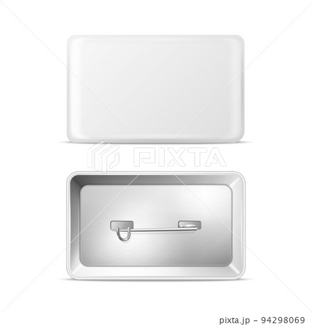 Vector 3d Realistic Rectangular White Metal, Plastic Blank Empty Button Badge Icon Isolated. Button Pin Badge. Glossy Brooch Pin. Front View - Front and Back Side. Template for Branding, Mock-up 94298069