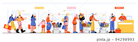 People queue in supermarket, customers with goods People queue in supermarket, customers with goods 94298993