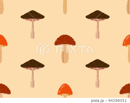 Mushrooms seamless pattern in pixel art style. Mushrooms in 8 bit 90s video game style in 2D. Design for apps, banners and posters. Vector illustration 94299351