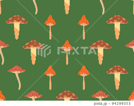 Mushrooms seamless pattern in pixel art style. Mushrooms in 8 bit 90s video game style in 2D. Mushrooms with red caps on a green background. Design for apps, banners and posters. Vector illustration 94299353