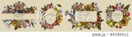 Gardening hand drawn frame templates. Vintage illustrations of watering can, apples, cherry, rose, pears, shovel, rake, secateurs, chamomile, sunflower, forget me not flower, ranunculus, great orange 94299411