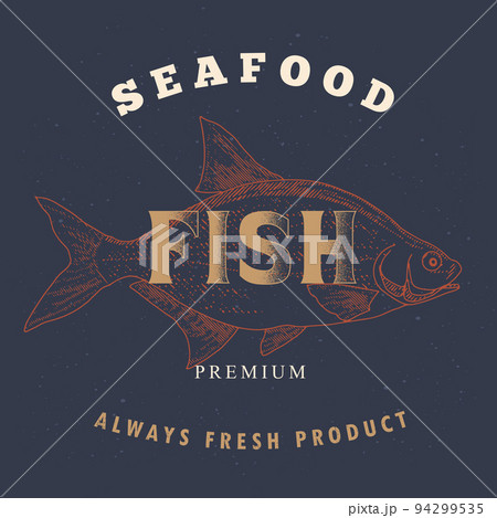 Fish label in the style of an old worn engraving 94299535