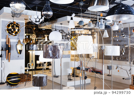 different lamp with lights in furniture store 94299730