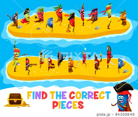 Find the correct half pieces of cartoon berry pirate and corsair characters. Children quiz or riddle, connect piece game vector worksheet with blackcurrant, gooseberry and raspberry, blueberry 94300649