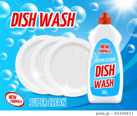 Detergent dishware cleaner bottle, plates and bubbles. 3d vector poster with dish wash liquid soap tube and clean platters on blue background. New formula of dishwasher, detergent dishware advertising 94300651