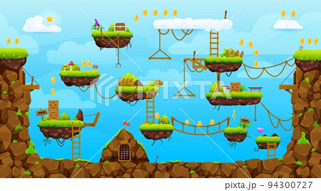 Arcade game level map intefrace. Platform, stairs, coins, bonus and quest icons. Vector landscape with floating ground islands with grass, ropes and ladders. Video game background, adventure world Arcade game level map intefrace. Platform, stairs, coins, bonus and quest icons. Vector landscape with floating ground islands with grass, ropes and ladders. Video game background, adventure world 94300727